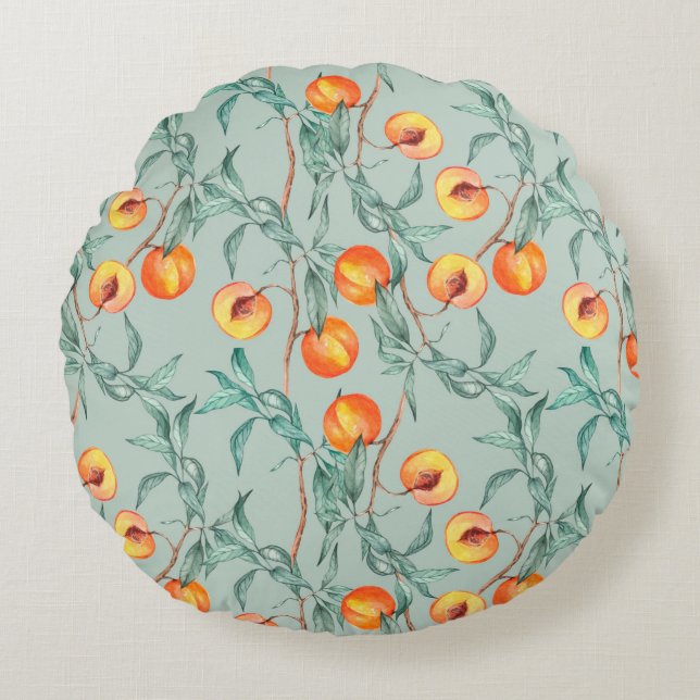 Seamless watercolor pattern with peaches and branc round cushion (Front)