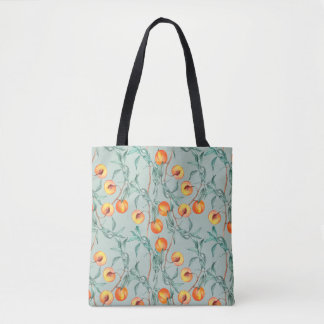 Seamless watercolor pattern with peaches and branc tote bag