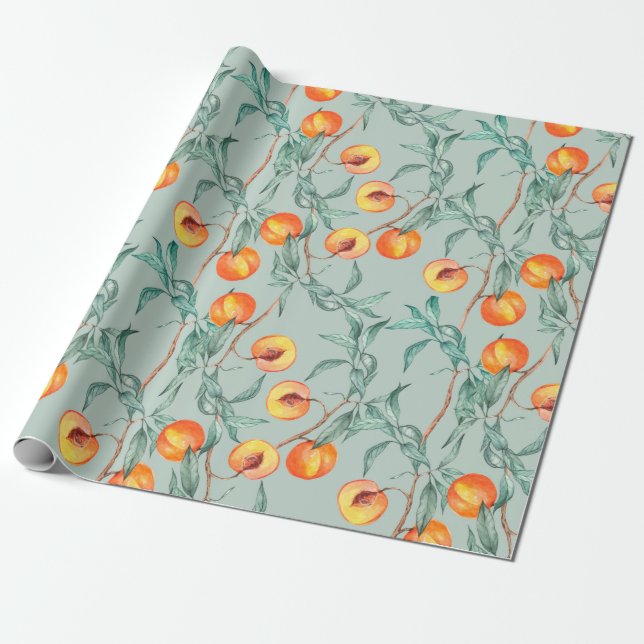 Seamless watercolor pattern with peaches and branc wrapping paper (Unrolled)