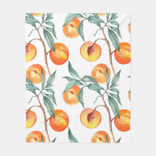 Seamless watercolor pattern with peaches on a whit fleece blanket