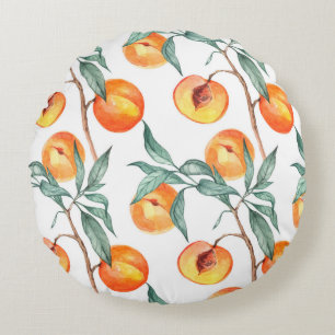 Seamless watercolor pattern with peaches on a whit round cushion