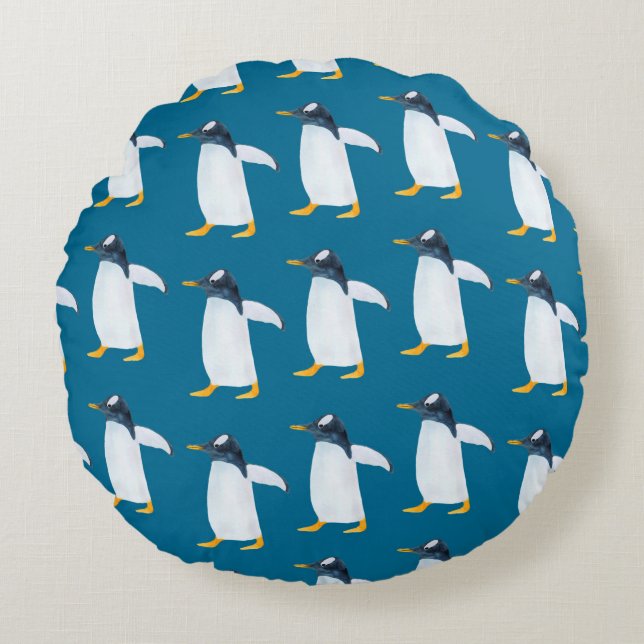 Seamless watercolor pattern with penguin round cushion (Front)