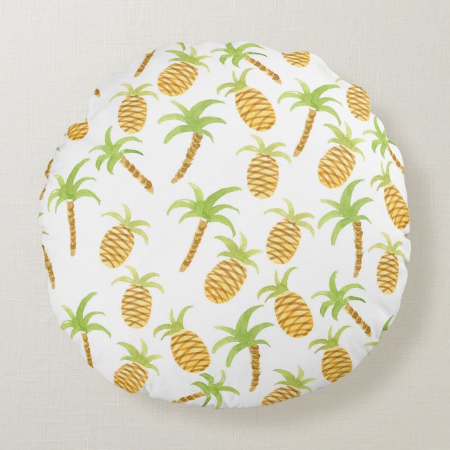Seamless watercolor pattern with pineapples and pa round cushion (Front)