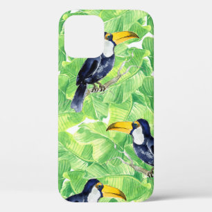 Seamless watercolor pattern with toucan on green l iPhone 12 case