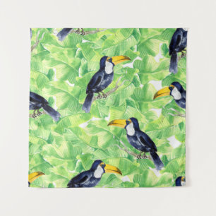 Seamless watercolor pattern with toucan on green l tapestry