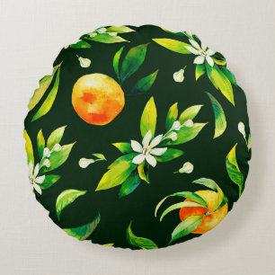 Seamless watercolour citrus fruits and leaves patt round cushion