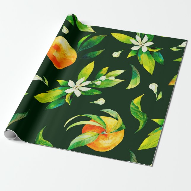 Seamless watercolour citrus fruits and leaves patt wrapping paper (Unrolled)