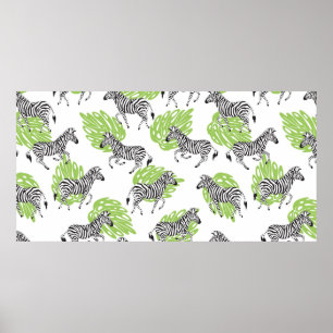 Seamless white pattern with zebras. illustration poster