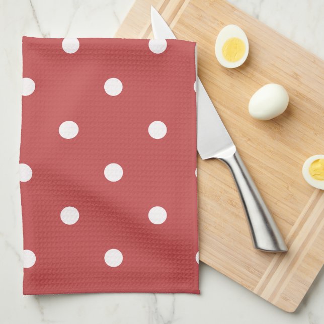 Seamless white polka dot pattern on red background tea towel (Quarter Fold)