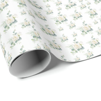 Seamless White Rose Flower with Eucalyptus Pattern Wrapping Paper