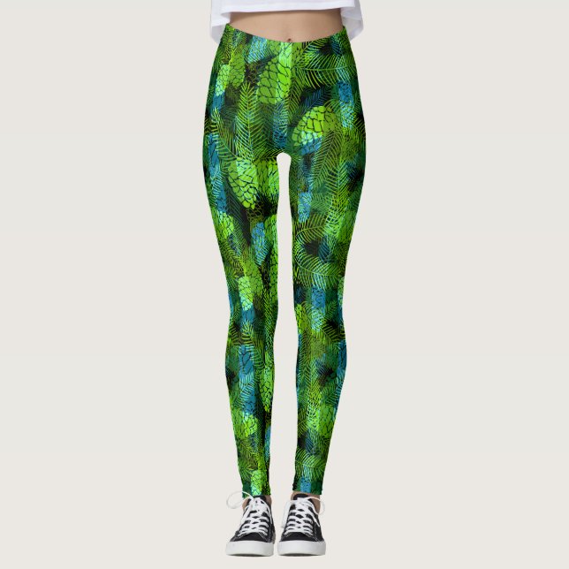 Seamless winter Christmas green blue pine cones tr Leggings (Front)