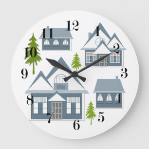 Seamless winter Merry Christmas landscape grey hou Large Clock