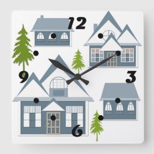 Seamless winter Merry Christmas landscape grey hou Square Wall Clock