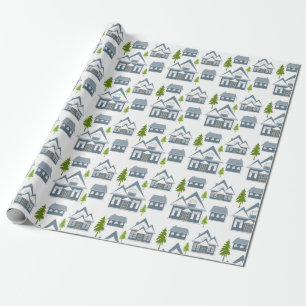Seamless winter Merry Christmas landscape grey hou Wrapping Paper