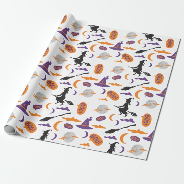 Seamless Witch and Broom Wrapping Paper with Moon (Unrolled)