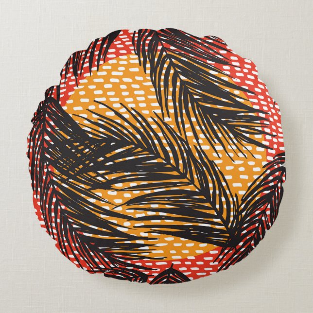 Seamless with black palm leaves and strokes  round cushion (Front)