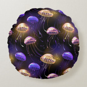Seamless with glowing jellyfish round cushion