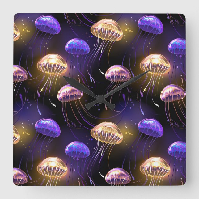 Seamless with glowing jellyfish square wall clock (Front)