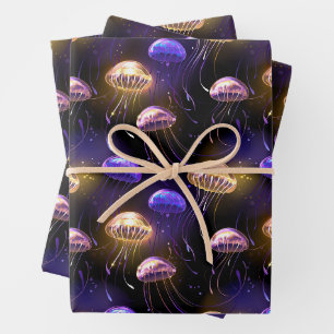 Seamless with glowing jellyfish wrapping paper sheet