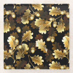 Seamless with golden oak branches on black glass coaster