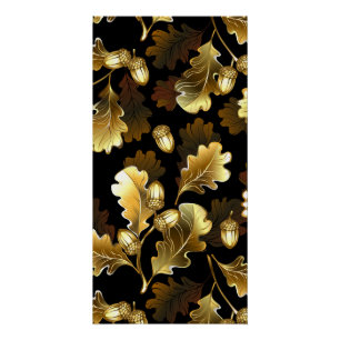 Seamless with golden oak branches on black poster