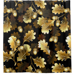 Seamless with golden oak branches on black shower curtain