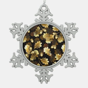 Seamless with golden oak branches on black snowflake pewter christmas ornament