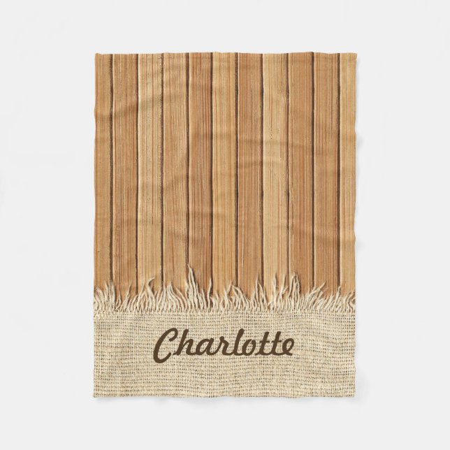 Seamless Wood Pattern & Burlap Texture Custom Name Fleece Blanket (Front)