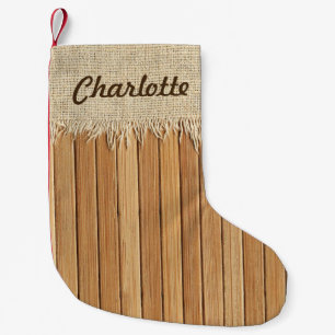 Seamless Wood Pattern & Burlap Texture Custom Name Small Christmas Stocking