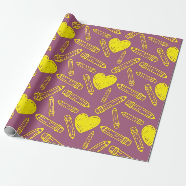 Seamless Wrapping Paper for School Heart Pencil (Unrolled)