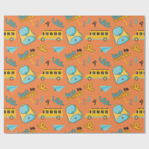 Seamless Wrapping Paper with Backpack, School Bus