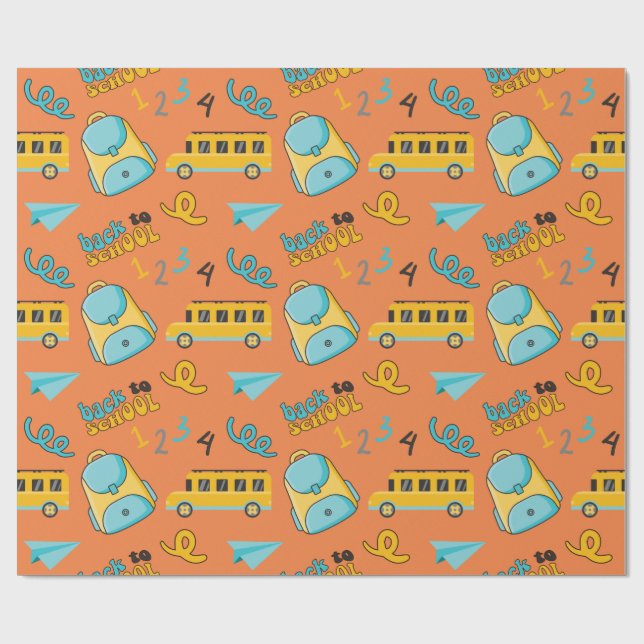Seamless Wrapping Paper with Backpack, School Bus  (Flat)