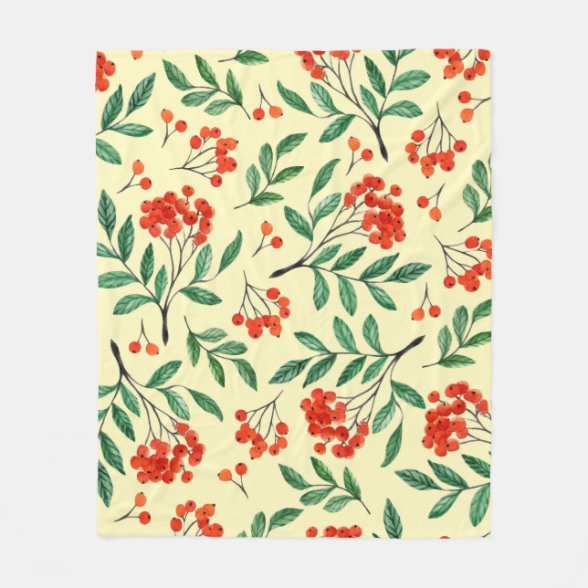 Seamless yellow pattern with rowan. Watercolor han Fleece Blanket (Front)