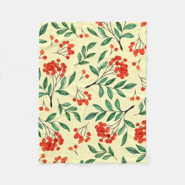 Seamless yellow pattern with rowan. Watercolor han Fleece Blanket (Front)