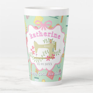 Seamstress 50th Birthday Sewing Machine Teal Pink Latte Mug