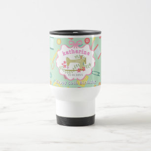 Seamstress 50th Birthday Sewing Machine Teal Pink Travel Mug