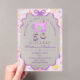 Seamstress Birthday Sewing Machine Purple Acrylic Invitations