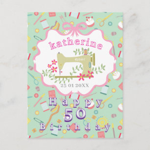Seamstress Birthday Sewing Machine Teal Pink Postcard