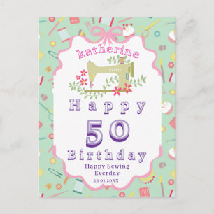 Seamstress Birthday Sewing Machine Teal Pink Postcard