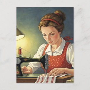 Seamstress Lady Sewing On Vintage Sewing Machine  Postcard
