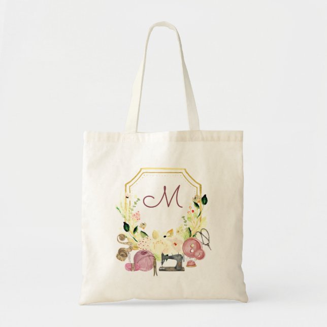 Seamstress Monogram Crest Sewing Tote Bag (Front)
