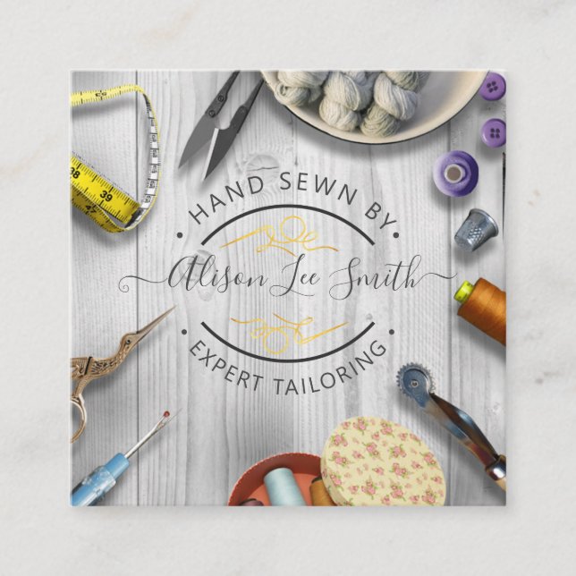 Seamstress or Tailor desk Hand sewn Square Busines Square Business Card (Front)