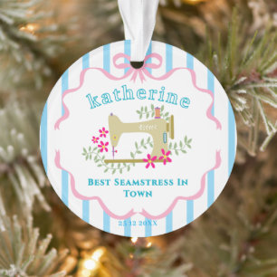 Seamstress Sewing Machine Pink Blue Ornament