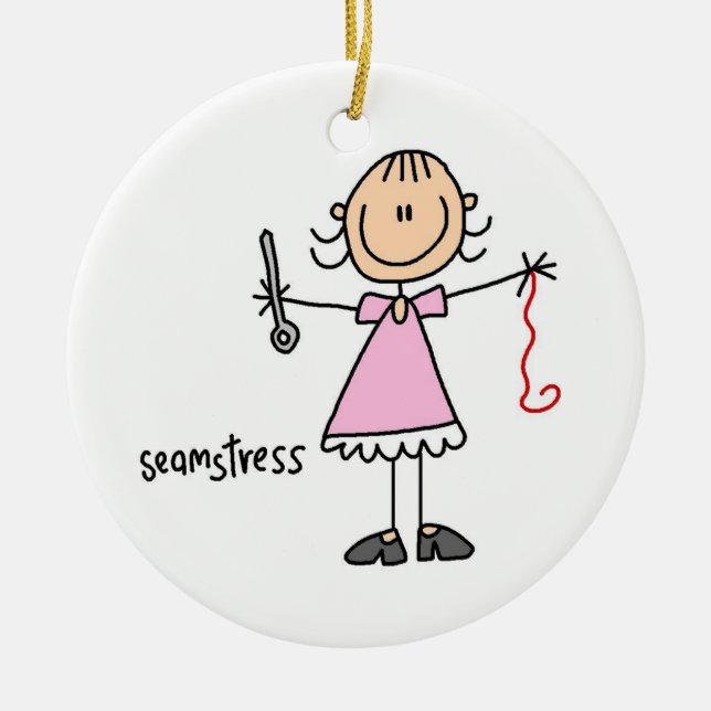 Seamstress Stick Figure Ceramic Tree Decoration (Front)