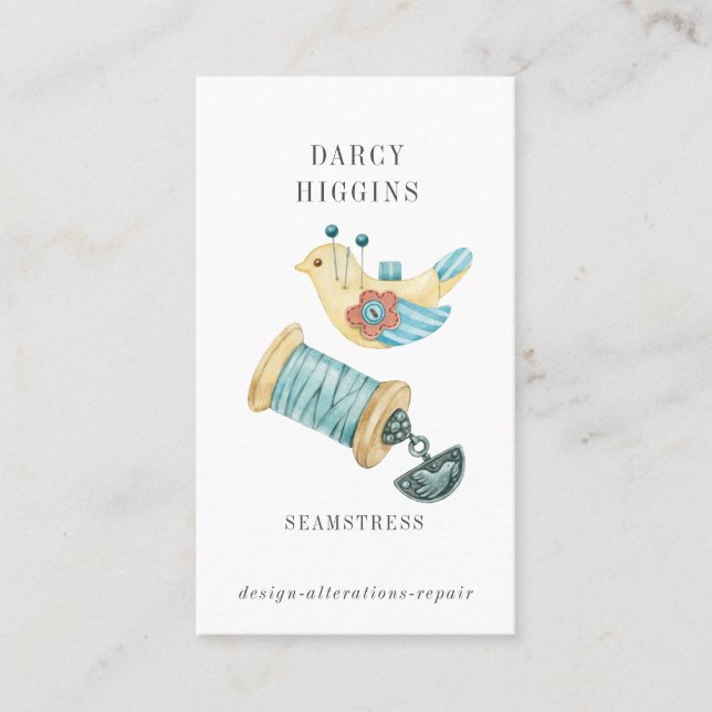 Seamstress Tailor Pin Cushion Spool Of Thread Business Card (Front)