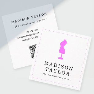Seamstress Tailor   Pink Mannequin QR Code White Square Business Card