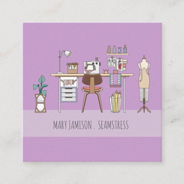 Seamstress Workshop Sewing Machine And Tools Square Business Card (Front)