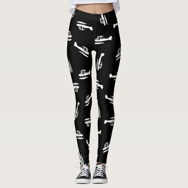 Seaplane Aeroplane Silhouettes Print Pattern Leggings (Front)