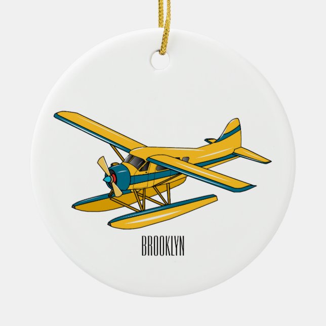 Seaplane cartoon illustration  ceramic tree decoration (Front)