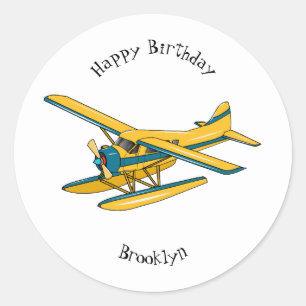 Seaplane cartoon illustration classic round sticker
